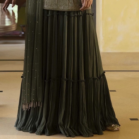 Mehndi color gharara spaghetti strap outfit - Picture 3 of 3